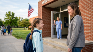 An Omaha parent walks her grade-school-aged daughter to the front door of a red-brick elementary school in the morning. The school nurse waves from the doorway. The daughter wears a backpack and a freshly-braided ponytail.