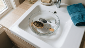 Two hairbrushes and a metal fine-tooth nit comb soaking in a shallow basin of warm water on a clean white bathroom sink, a teal towel folded at the edge.