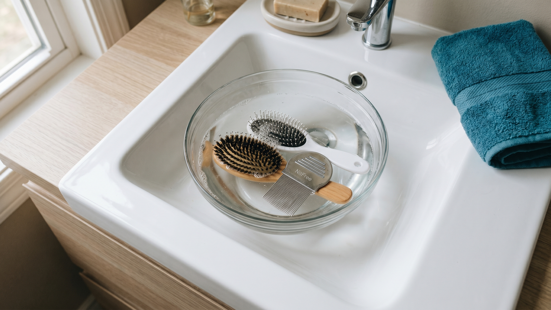 Two hairbrushes and a metal fine-tooth nit comb soaking in a shallow basin of warm water on a clean white bathroom sink, a teal towel folded at the edge.