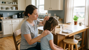An Omaha-area parent sits at a sunlit kitchen table calmly parting a section of her elementary-school-aged daughter's freshly-combed brown hair to inspect the scalp during a quiet post-treatment follow-up check.