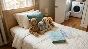 A neatly made twin bed in soft morning daylight with three to four well-loved plush stuffed animals (a brown teddy bear, a gray bunny, and a tan stuffed dog) grouped on the bedspread beside a folded teal hand towel and an open large plastic ziplock storage bag, with a modern household dryer visible through the open laundry-room doorway in the soft background.