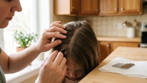 A parent's hands gently parting a child's hair under a bright kitchen window with a fine metal nit comb resting on a folded paper towel beside them, soft natural daylight, calm parenting-blog editorial composition.