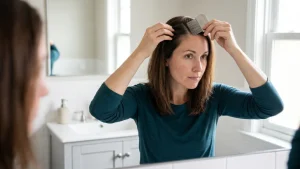 Adult woman in a bright bathroom parting her hair near the temple and screening her own scalp with a fine-toothed metal lice comb in front of the mirror.