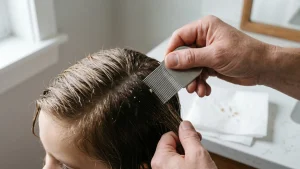 Close-up of a fine-toothed metal lice nit comb pulling a small off-white nit out of a section of a child's wet, conditioned hair onto a paper towel.