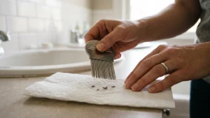Parent's hands in a softly lit bathroom holding a fine-toothed stainless steel metal nit comb above a folded white paper towel, with three small live adult head lice visible on the paper towel.