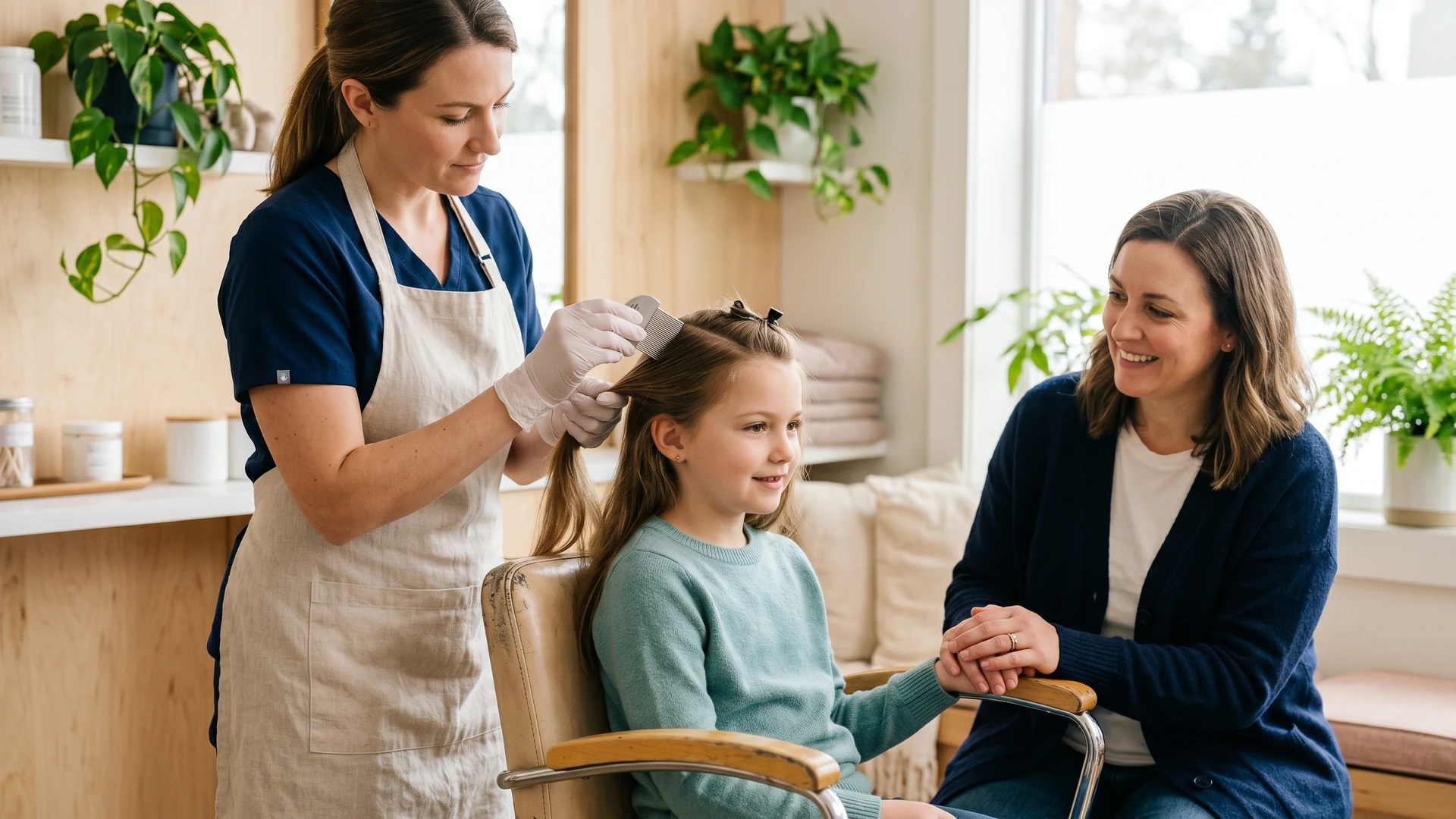 Lice treatment specialist gently combing a child's hair during a professional appointment