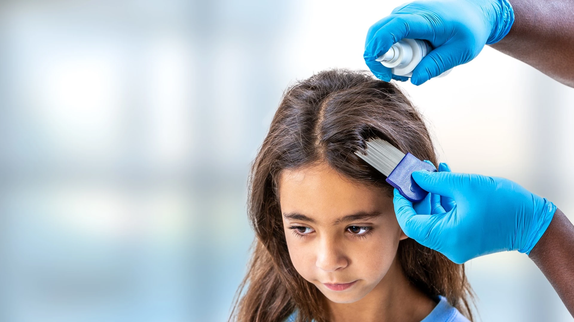 Gloved hands comb and spray a girl's long, dark hair during a lice treatment.
